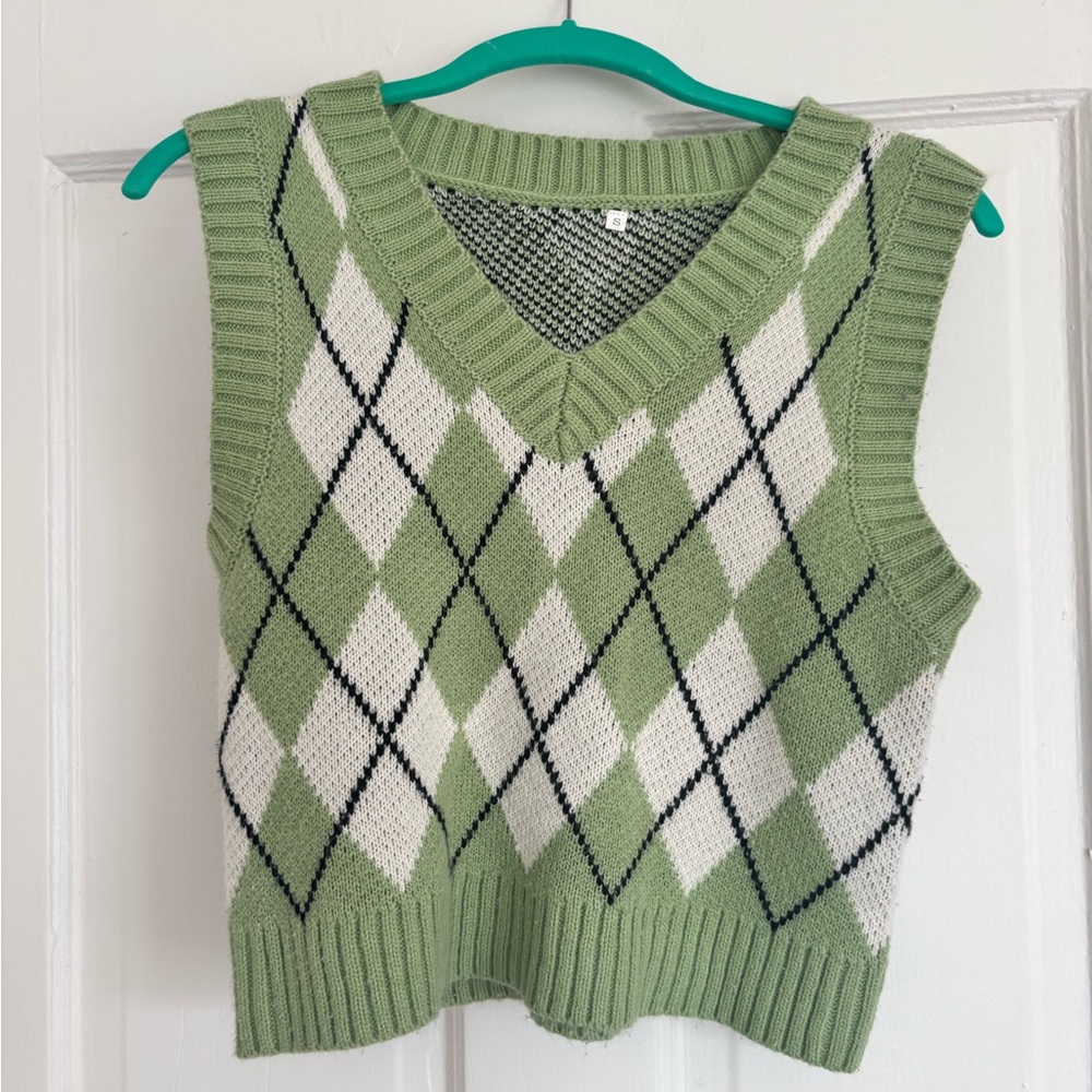 Green Argyle Knit Sweater Vest